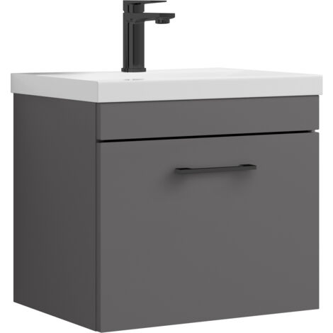 Millwich 1 Drawer Wall Hung Vanity Basin Unit - 500mm - Gloss Grey with Square Black D-shaped handle (Tap Not Included) - Balterley