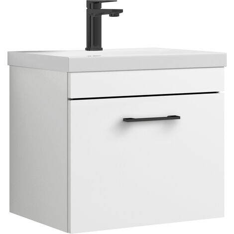 Millwich 1 Drawer Wall Hung Vanity Basin Unit - 500mm - Gloss White with Square Black D-shaped handle (Tap Not Included) - Balterley