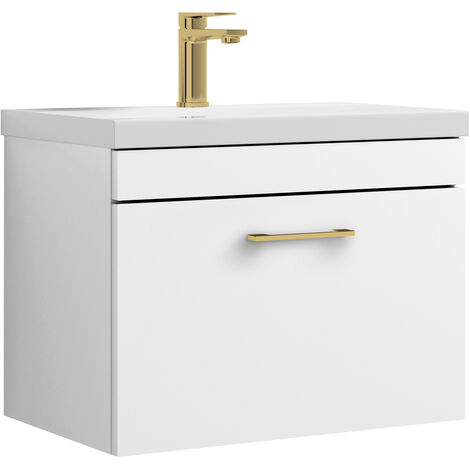 Millwich 1 Drawer Wall Hung Vanity Basin Unit - 600mm - Gloss White with Brushed Brass D-shaped handle (Tap Not Included)