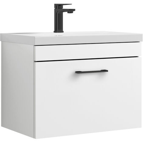 Millwich 1 Drawer Wall Hung Vanity Basin Unit - 600mm - Gloss White with Square Black D-shaped handle (Tap Not Included) - Balterley