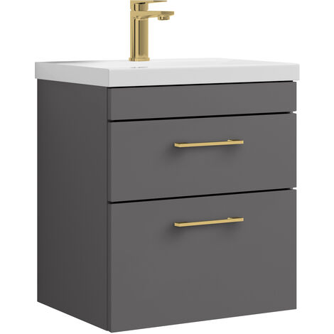 Millwich 2 Drawer Wall Hung Vanity Basin Unit - 500mm - Gloss Grey with Brushed Brass D-shaped handles (Tap Not Included)