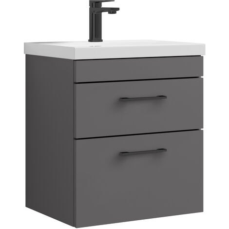 Millwich 2 Drawer Wall Hung Vanity Basin Unit - 500mm - Gloss Grey with Square Black D-shaped handles (Tap Not Included) - Balterley