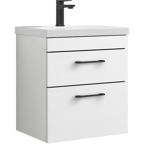 Millwich 2 Drawer Wall Hung Vanity Basin Unit - 500mm - Gloss White with Square Black D-shaped handles (Tap Not Included) - Balterley