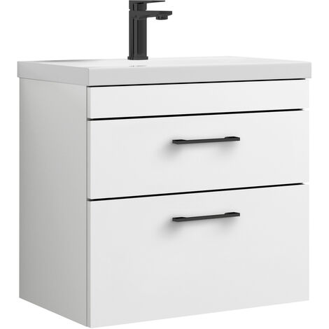 Millwich 2 Drawer Wall Hung Vanity Basin Unit - 600mm - Gloss White with Square Black D-shaped handles (Tap Not Included) - Balterley