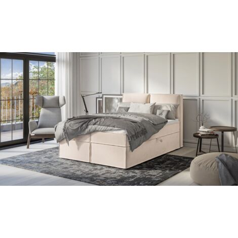 Milo - Modernes Boxspringbett 140x200 mit Topper und Bettkästen aus Beige Luxusmicrofaser