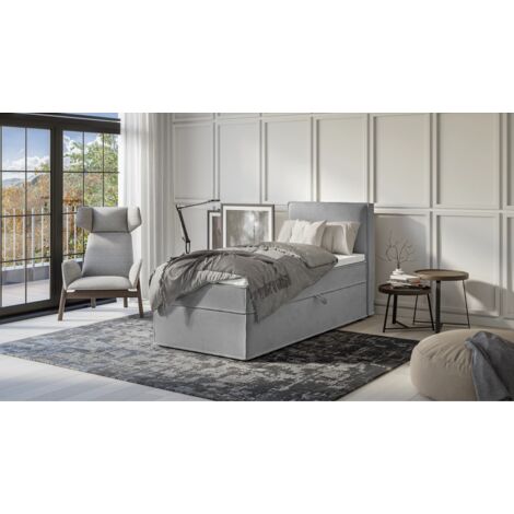 Milo - Modernes Boxspringbett 90x200 mit Topper und Bettkästen aus Grau Luxusmicrofaser