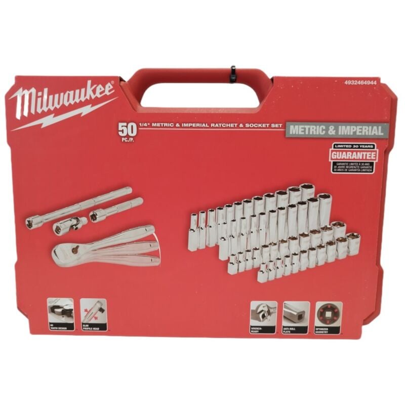 4932464944 Set de douilles et clés à cliquet 1/4 métrique - 50 pcs - Milwaukee