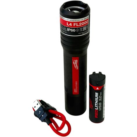 Milwaukee L4 FL2000-301 Akku Taschenlampe IP 66 2000 Lumen USB ( 4933479637 ) + 1x Akku 3,0 Ah + USB Kabel