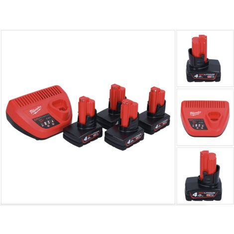 Milwaukee M12 NRG-404 Batterie Starter Set 4x 12 V 4,0 Ah / 4000 mAh Li-Ion Batterie + C12 C Ladegert