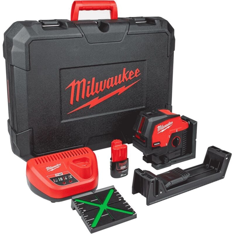 M12CLLP-301C 12v Green Cross Line Laser with Plumb Points 4933478100 Kit - 1 x M12B3 Battery, C12C Charger & Kitbox - Milwaukee