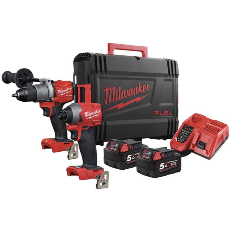 Image of Milwaukee M18FPP2A2-502X M18 fuel Twin Pack Drill Driver, Impact Driver with 2 x M18B5 5Ah Batteries, Charger & Case
