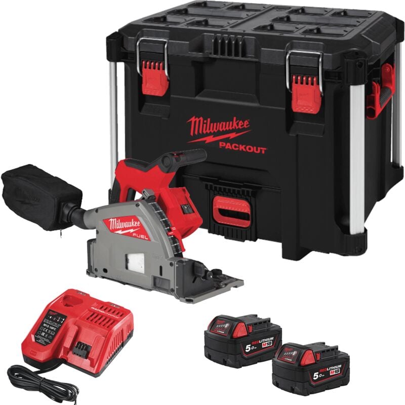 Milwaukee - M18FPS55-502P 18V fuel 55mm Plunge Saw Kit - 2 x M18B5 Batteries, M12-18FC Fast Charger & Deep packout Case