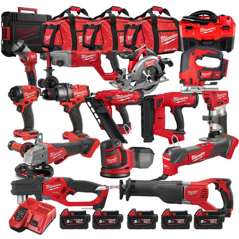 main image of "Milwaukee M18KIT1 18V Cordless 15 Piece Kit with 5x 5.0Ah Batteries"