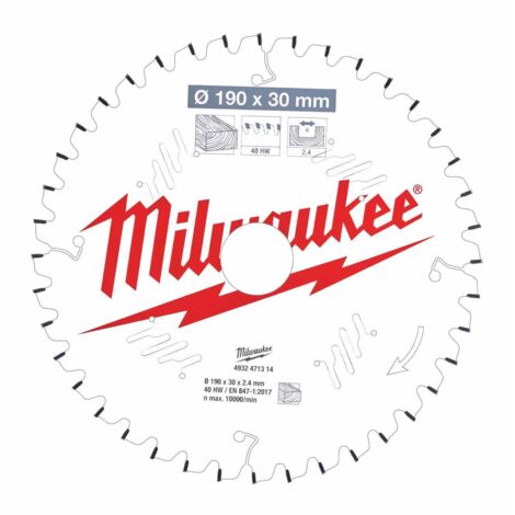 Milwaukee Sägeblatt Holz für Kapp- und Gehrungssägen 190/30 mm Z40 Wechselzahn negativ