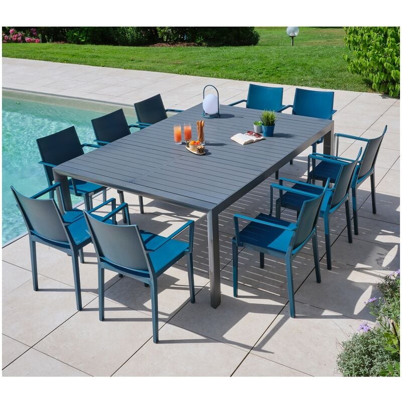 Ozalide - mimaos xl - Ensemble table et chaises de jardin - 10 places - Bleu saphir - bleu pétrole