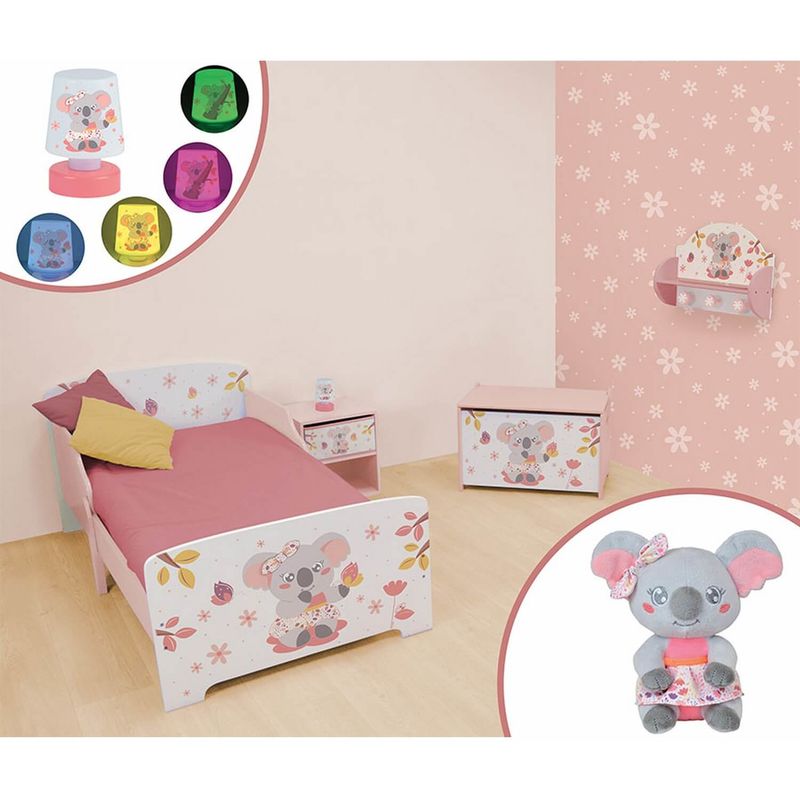 Chambre complète Koala 6 en 1 avec lit + coffre à jouets + Table de chevet + veilleuse + porte-manteaux + peluche Koala - Blanc