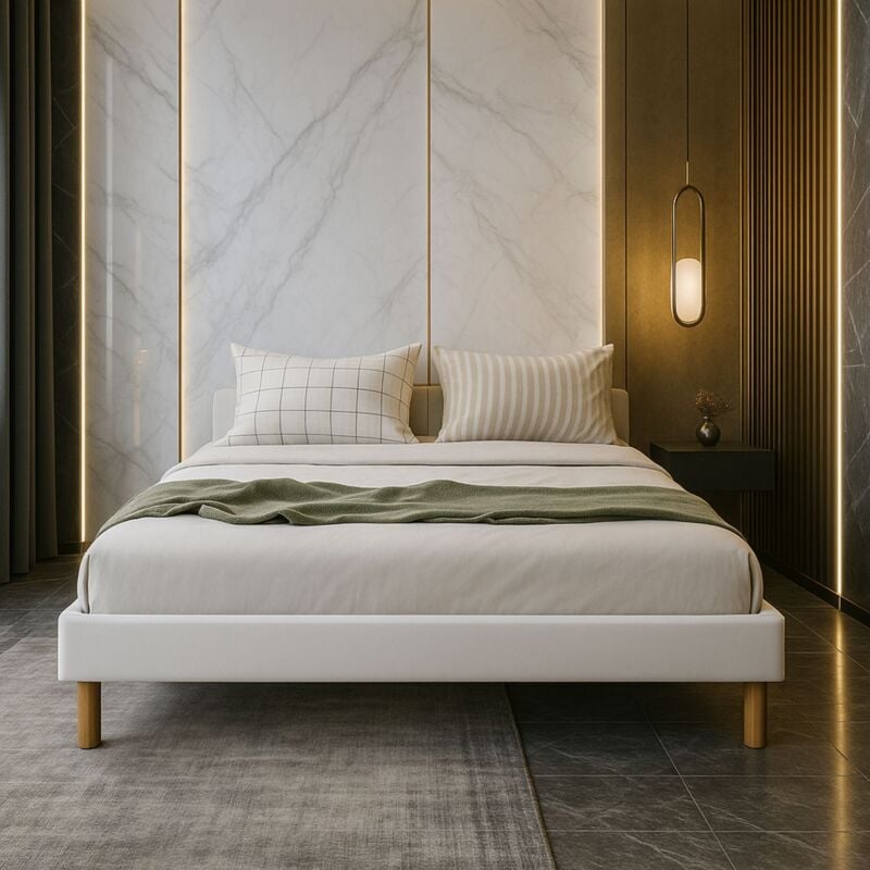 Mina - Solide et Confortable Sommier Tapissier Blanc + Pieds en 20 cm pour matelas en 160x200 - 2 x 13 Lattes - Montage Rapide et Facile - revetement