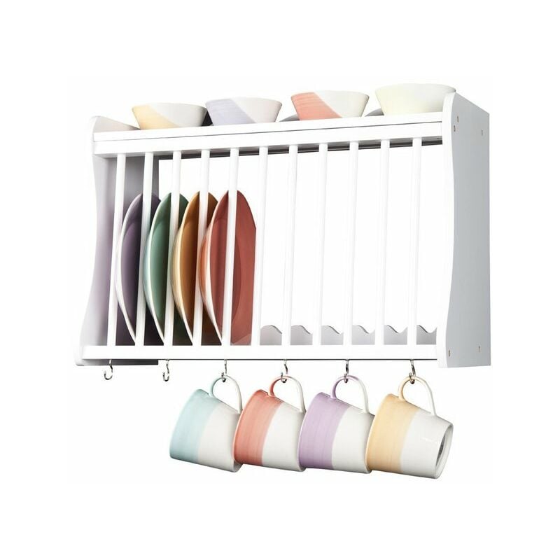 Minack Kitchen Plate Rack in White // Wall-mounted or Freestanding // Features Hooks Below and Shelf Above