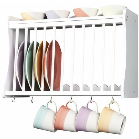 main image of "Minack Kitchen Plate Rack in White // Wall-mounted or Freestanding // Features Hooks Below and Shelf Above"