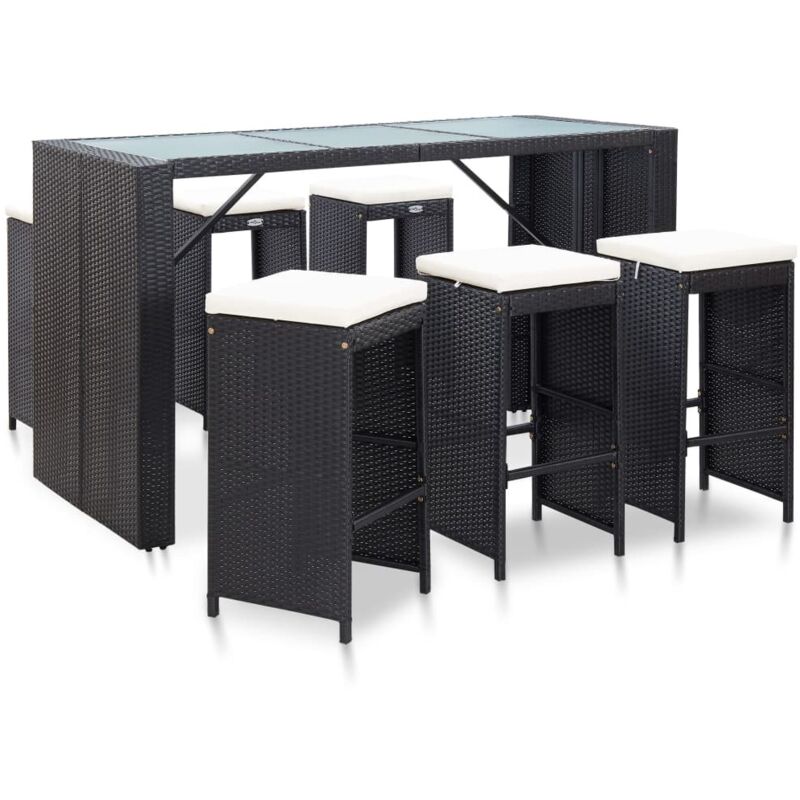 Minkurow - Meuble de bar de jardin 7 pcs et coussins Résine tressée Noir