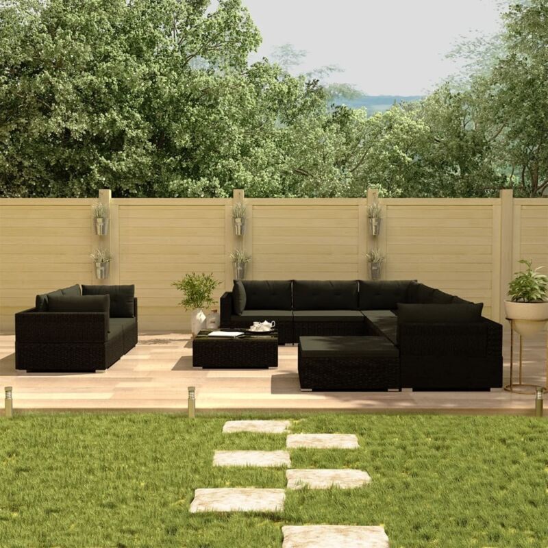 Salon de jardin 10 pcs avec coussins Résine tressée Noir vidaXL