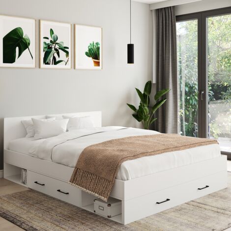 MINEA cama doble con cajones + nichos de almacenamiento y somier 140x190cm blanco