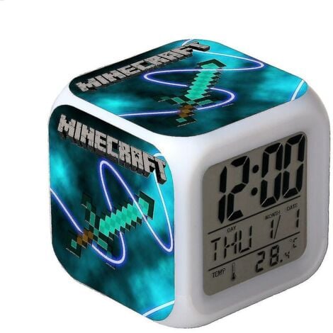 BASETBL Minecraft coloré réveil Led couleur changeante dessin animé horloge étudiant muet veilleuse cadeau de noël cadeau d'anniversaire 01