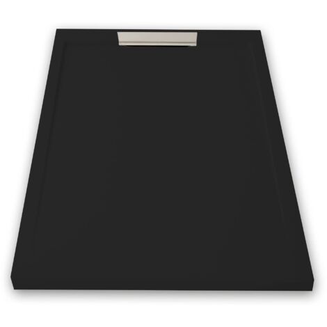 Mineralguss-Duschwanne extra flach LUX Schieferoptik schwarz 90x100cm Ablaufschutz in Chrom