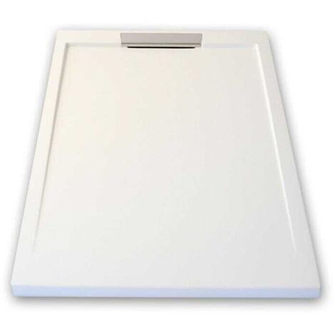 Mineralguss-Duschwanne extra flach LUX Schieferoptik weiß 70x140cm Ablaufschutz in Chrom