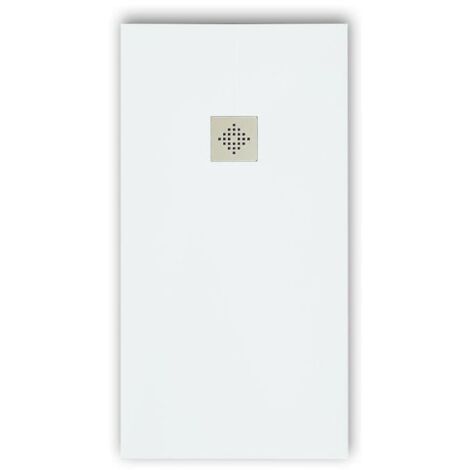 Mineralguss-Duschwanne extra flach PURE Schieferoptik weiß 70x80 cm Ablaufschutz in Chrom