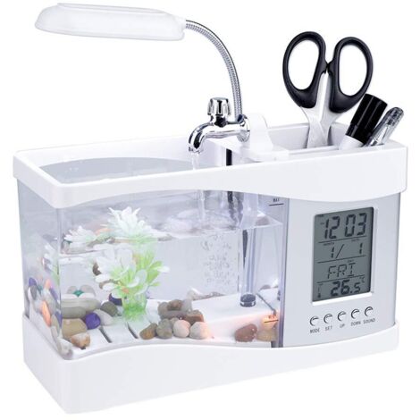 Mini acquario multifunzione con schermo ricaricabile tramite USB, orologio, termometro e luce LED, contenitore decorativo a forma di penna per acquario, ideale per la casa e l'ufficio (bianco)