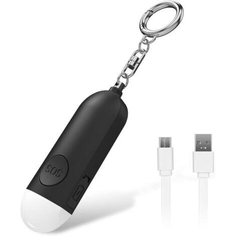 Mini alarme rechargeable avec 130 dB et lumière LED pour femmes, enfants et personnes âgées, noir