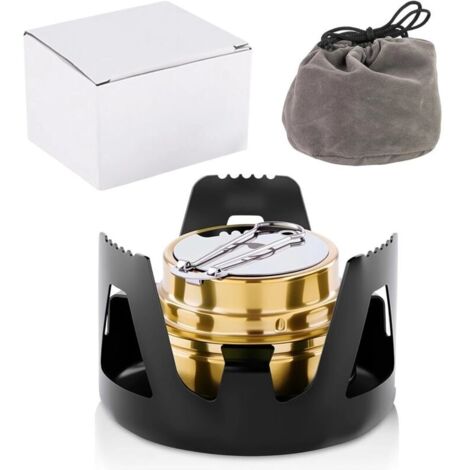 Mini Alcohol Stove, Portable Alcohol Burner, Brass Alcohol Cooker with Aluminum Stand, Camping Stove for Hiking, Cooking, Fondue, Picnic (Black)