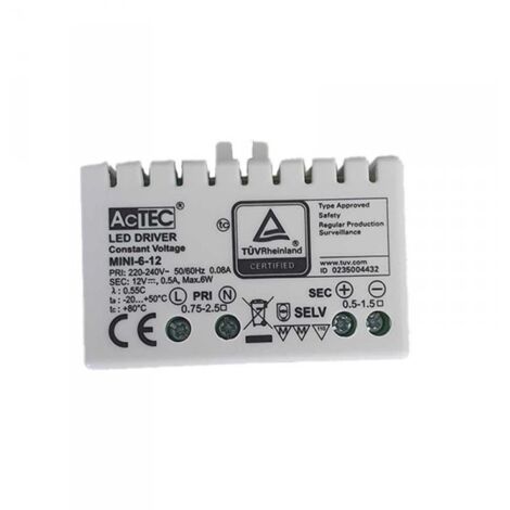 Mini Alimentatore Trasformatore 6W 12V 0,5A IP20 50X32X18,5mm Con Morsetti