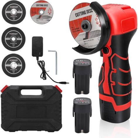 Mini amoladora angular - Amoladora inalámbrica de 7000 RPM con 2 baterías de 16,8 V 2000 mAh y disco de amolar para cortar ladrillo pulido, madera, piedra y acero, rojo