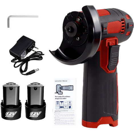 Mini amoladora angular inalámbrica de 12 V y 19 500 RPM. Incluye 2 baterías de 1300 mAh y cargador para amolar y cortar (roja).