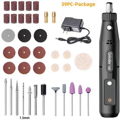Mini amoladora eléctrica tipo bolígrafo con 39 piezas  5 niveles de velocidad  Para hacer cuentas, perforar, taladrar, tallar, cortar y pulir  Funciona con corriente eléctrica