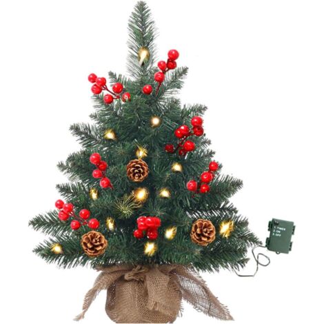 Mini árbol de Navidad con luces LED, árbol de Navidad artificial de mesa con piñas y bayas rojas, pequeño árbol de Navidad para el hogar, la oficina, el bar y la mesa de comedor.