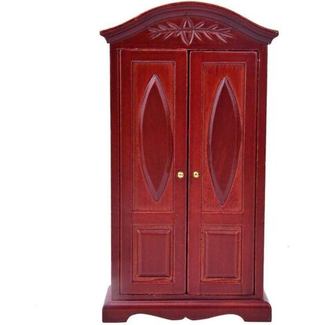 Mini armoire vintage en bois à double porte, échelle 1:12, pour maison de poupée (rouge vin).