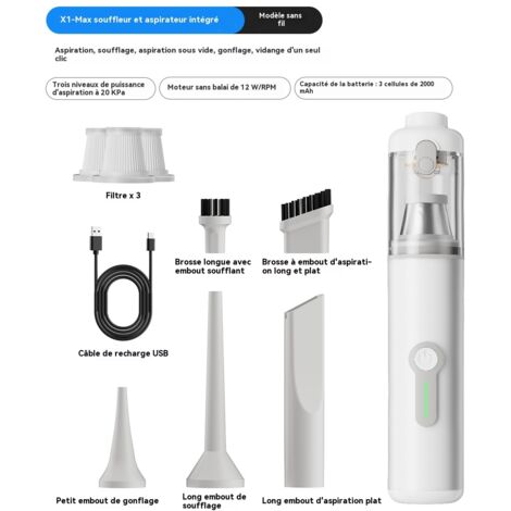 Mini aspirateur portable à main, souffle et aspire en un seul geste, puissance d'aspiration à trois niveaux de 20 kPa