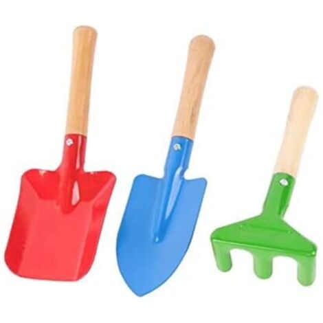 Mini attrezzi da giardinaggio per bambini con pala, vanga e rastrello – Set da giardino colorato – Set di attrezzi da giardino per bambini e adulti (3 pezzi)