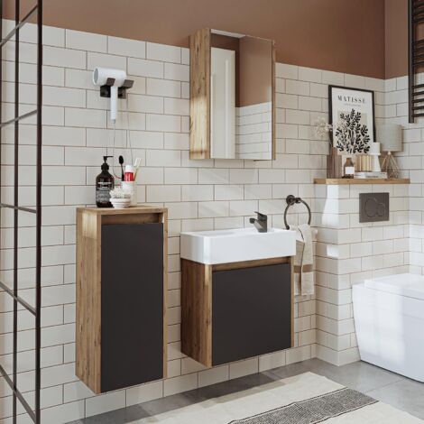 Mini Bathroom Furniture Set with Basin, Mirror Cabinet and Tall Storage Unit, Oak Effect and Anthracite