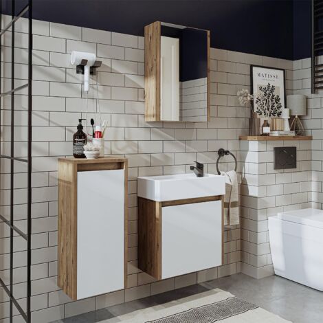 Mini Bathroom Furniture Set with Basin, Mirror Cabinet and Tall Storage Unit, Oak Effect and White