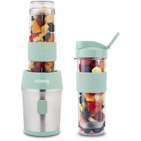 Mini blender portable 570 mL 300 W – Boîtier acier inoxydable – Couleur vert pastel – Avec 2 gourdes pour smoothies à emporter – Hkoenig - SMOO18