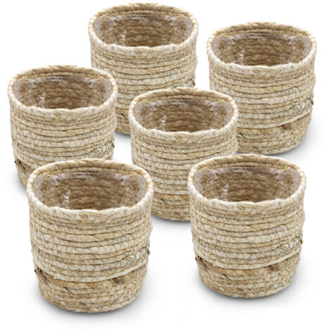 Mini Blumentopf aus Grasgeflecht 10 cm - 6er Set - Pflanzgefäß aus Naturfasern mit Folie - Zimmer Pflanzen Umtopf Stroh Körbchen Flechtkorb