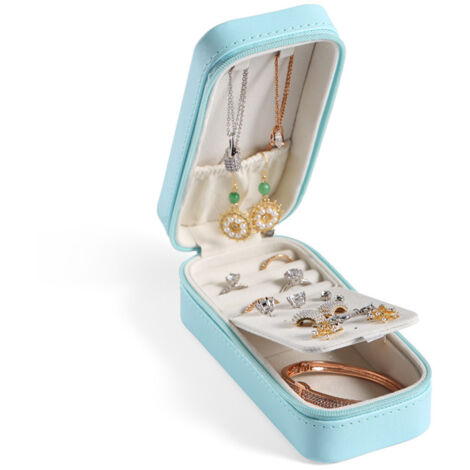 Mini boîte de rangement de bijoux en cuir PU de voyage(bleu)