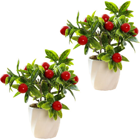 Mini bonsáis con frutos en macetas de plástico, decoración moderna para habitaciones con bayas rojas, 2 unidades.