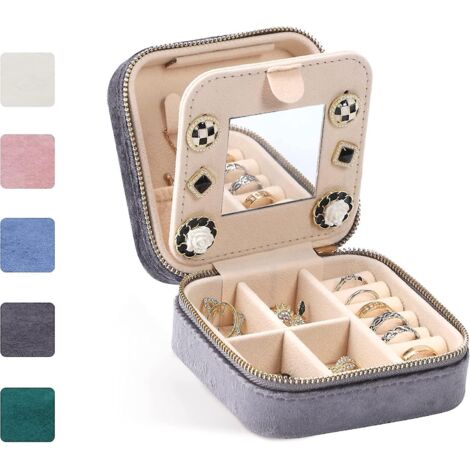 mini Bote (gris)  Bijoux De Voyage En Velours Avec Miroir Pour Boucles D'oreilles, Bracelets, Bagues, Colliers