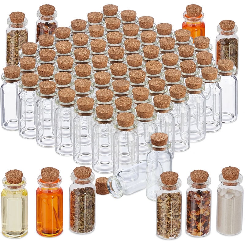 Mini-bouteilles avec bouchon de liège, lot de 72, petite bouteille en verre, 10 ml, flacon déco, transparent - Relaxdays