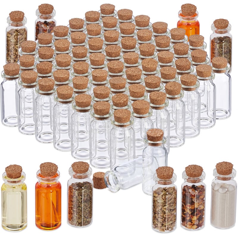 Mini-bouteilles avec bouchon de liège, lot de 144, petite bouteille en verre, 10 ml, flacon déco, transparent - Relaxdays